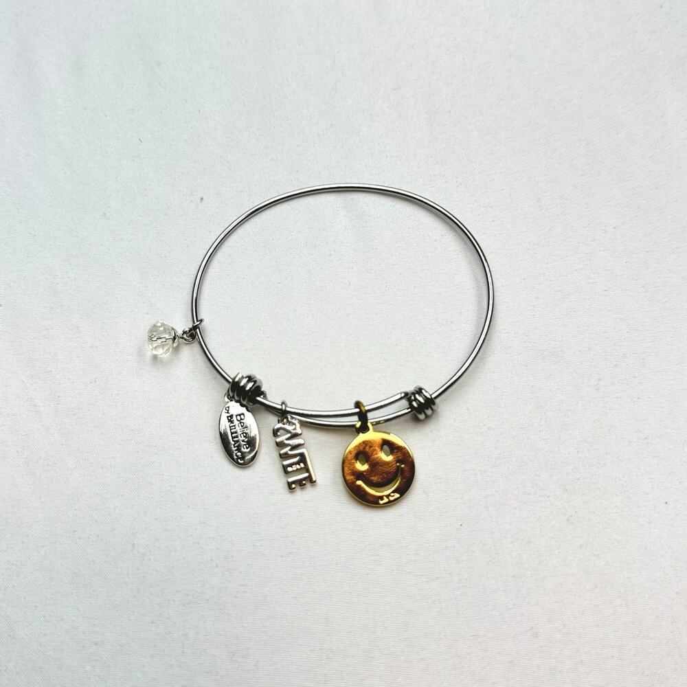 New Believe by Brilliance Charm Bangle Bracelet Smiley Face Smile Mixed Metal - Picture 4 of 5